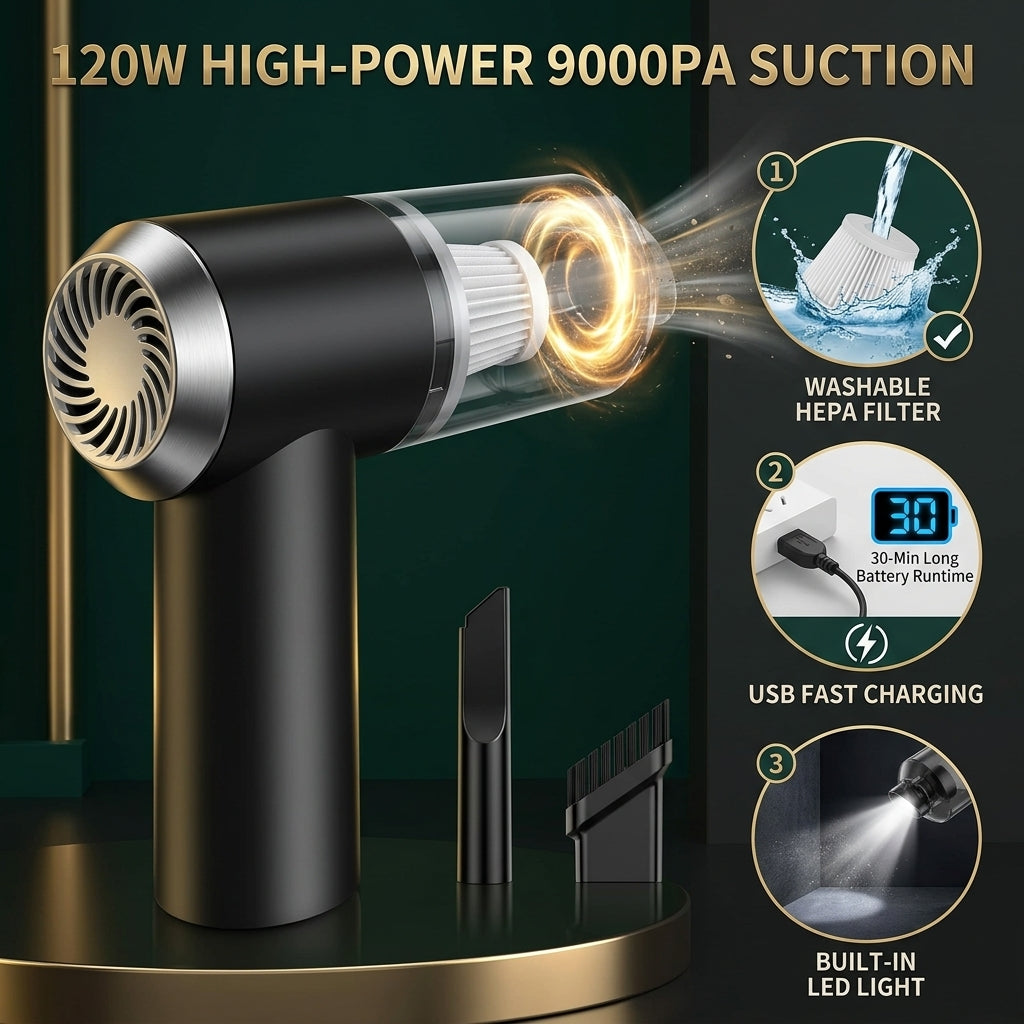 120W High-Power 9000PA Suction & Washable HEPA Filter